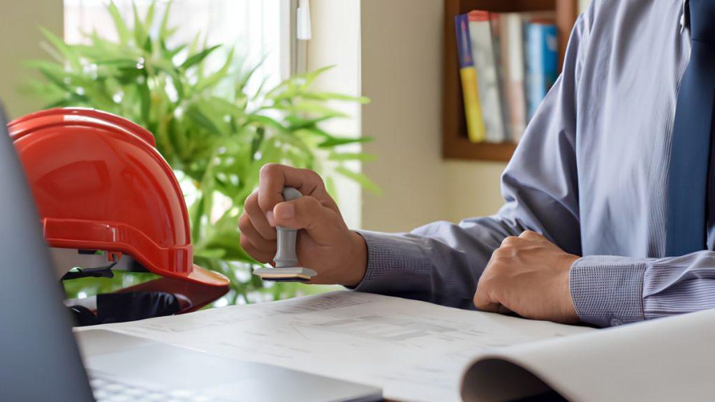 Engineer stamping blueprints at a desk, with a red hard hat and a laptop nearby.